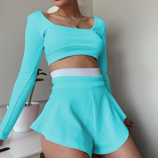 Damen Sportliches Crop-Top und Shorts Set EB