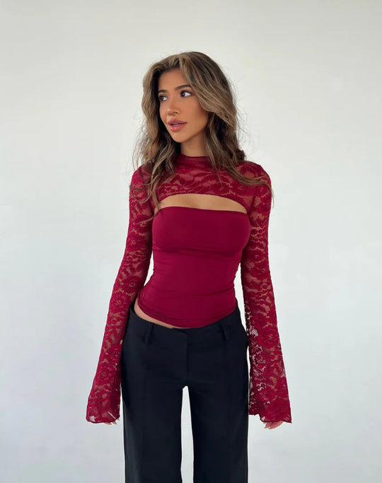 Damen Oberteil mit transparenten langen Ärmeln und raffiniertem Cut-Out EB