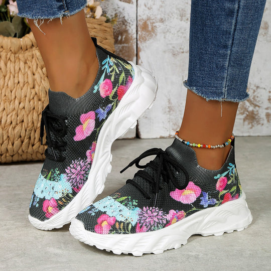 Damen Modische Sneaker mit floralem Jacquard-Gewebe und luftiger Sohle EB