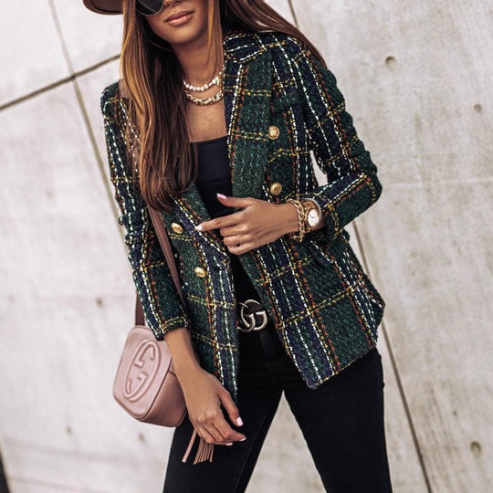 Damen Bouclé-Tweed-Blazer mit Karomuster und doppelreihiger Knopfleiste EB
