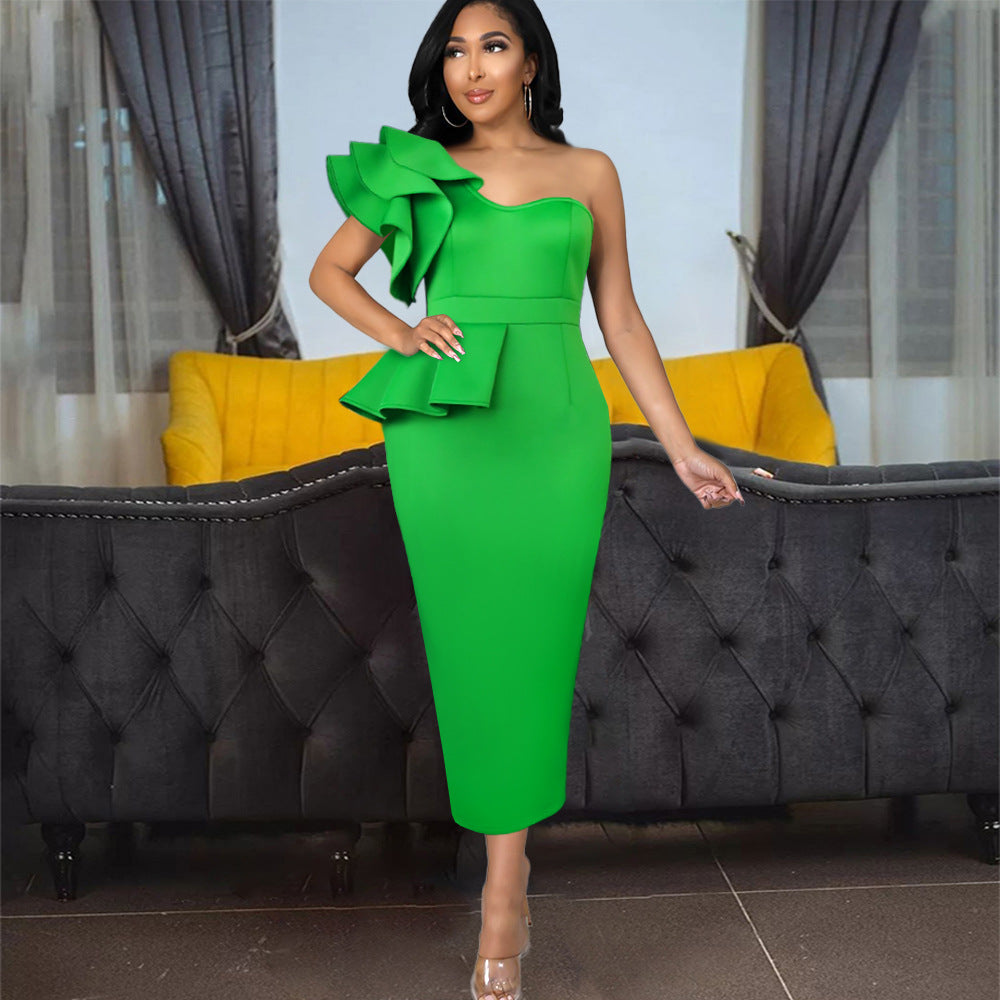 Damen Schickes Ein-Schulter-Kleid mit Volant und tailliertem Schnitt EB