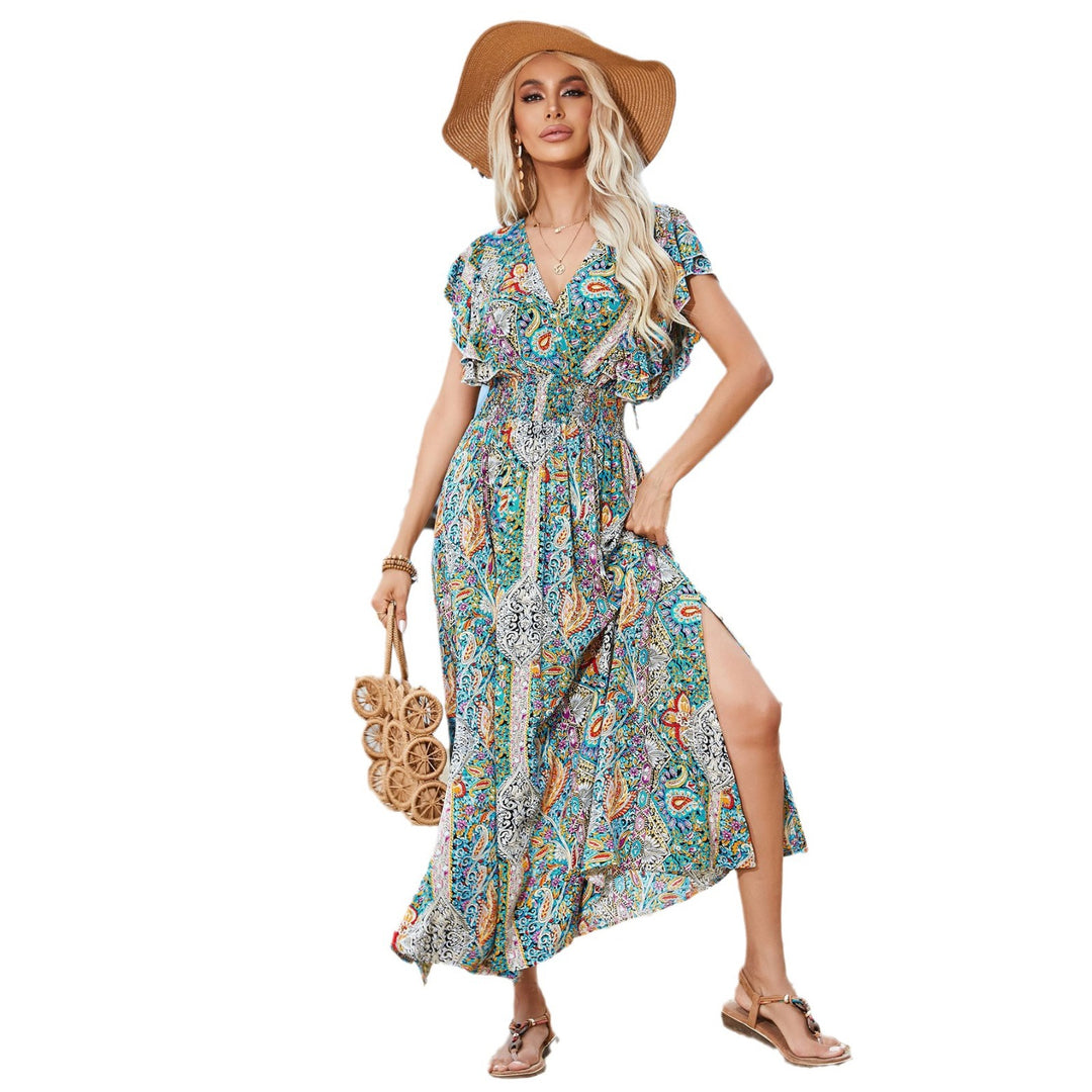 Damen Maxi-Kleid mit voluminösen Ärmeln und Paisley-Muster EB
