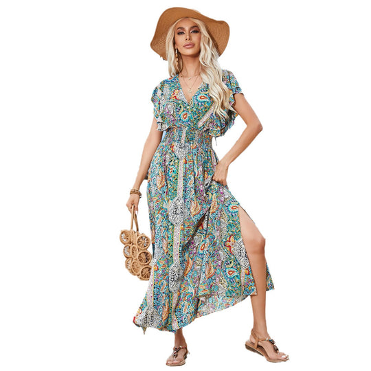 Damen Maxi-Kleid mit voluminösen Ärmeln und Paisley-Muster EB
