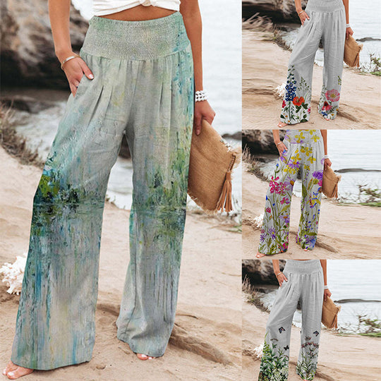 Damen Weite Sommerhose mit floralen Designs und elastischem Bund EB