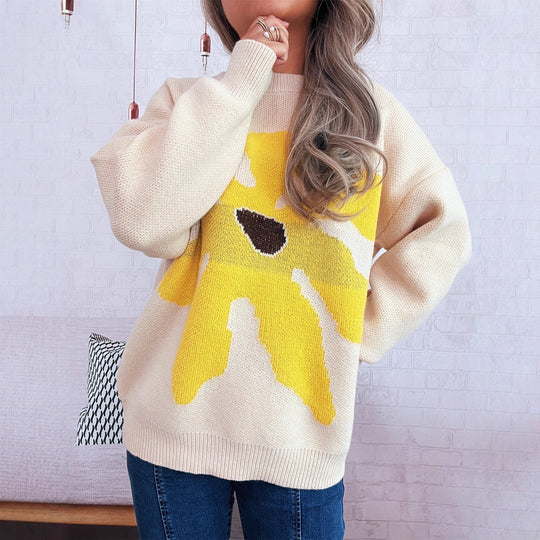 Damen verspielter Strickpullover mit floraler Applikation EB
