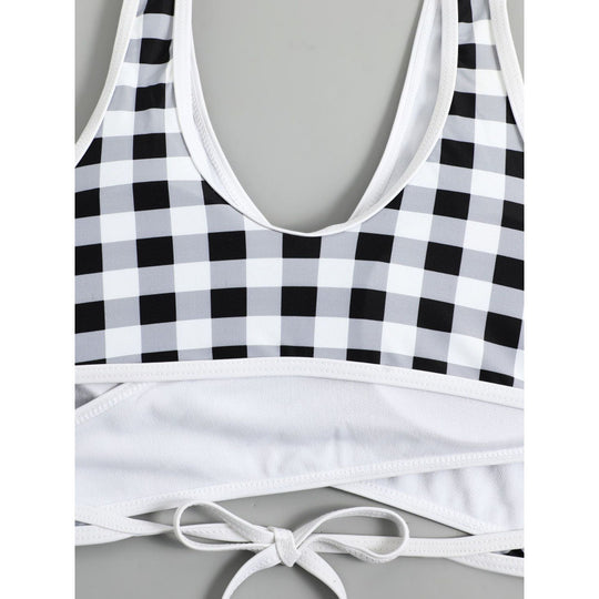 Damen Triangel-Bikini mit modernem Wickel-Design und verspieltem Karomuster EB