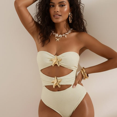 Damen Einteiler Badeanzug mit modischem Cut-Out und dekorativen Muschel-Details EB