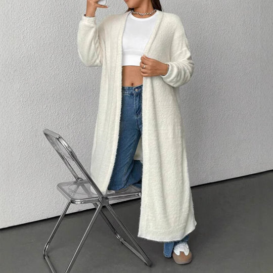 Damen Langer Wickel-Cardigan in Flausch-Optik mit Bindegürtel EB