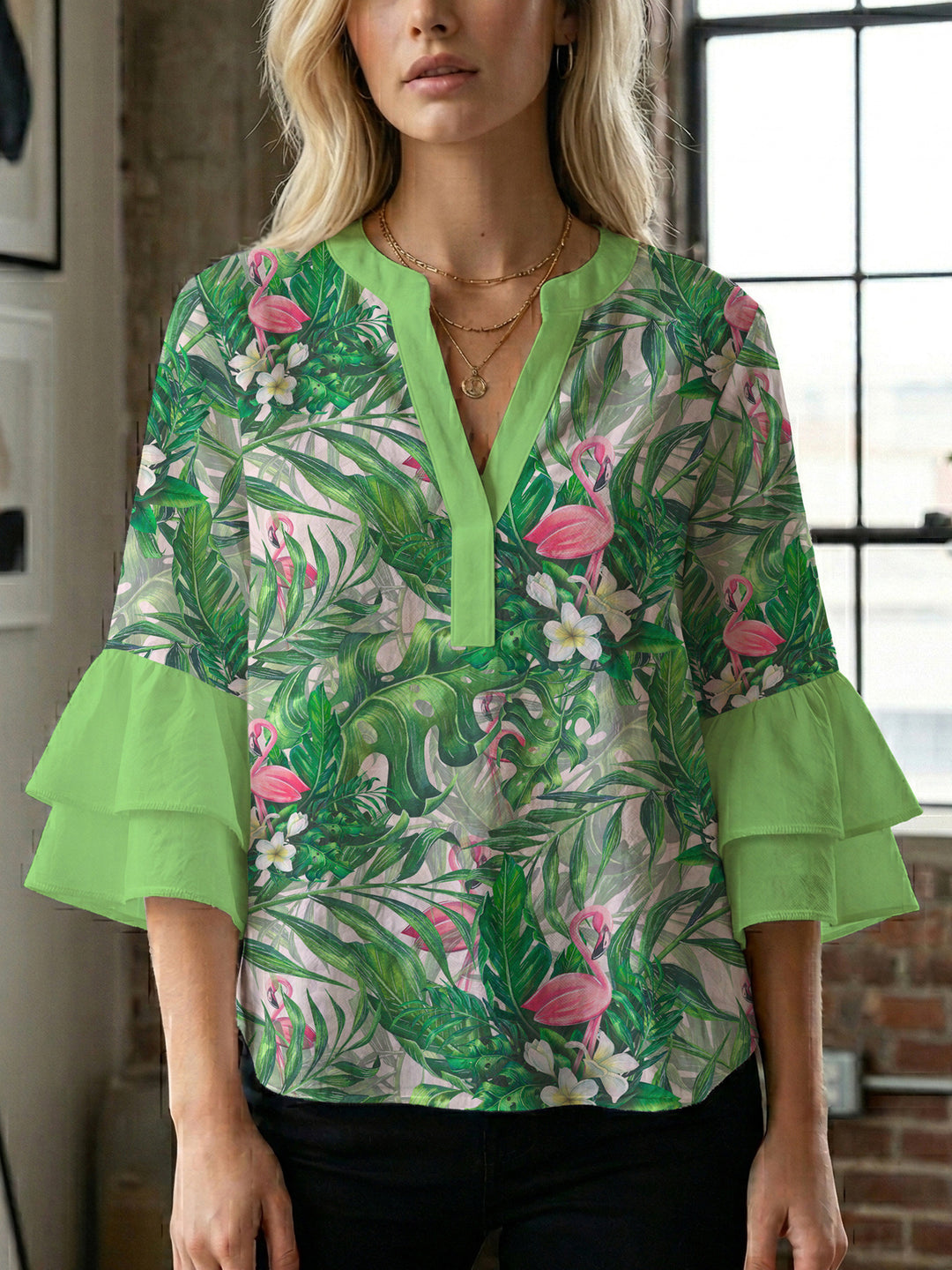 Damen Bluse mit voluminösen Rüschenärmeln und floralem Druck EB