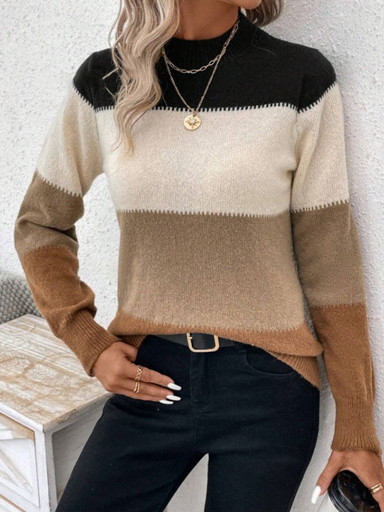 Damen Rundhals Strickpullover mit modernen Farbkombinationen EB