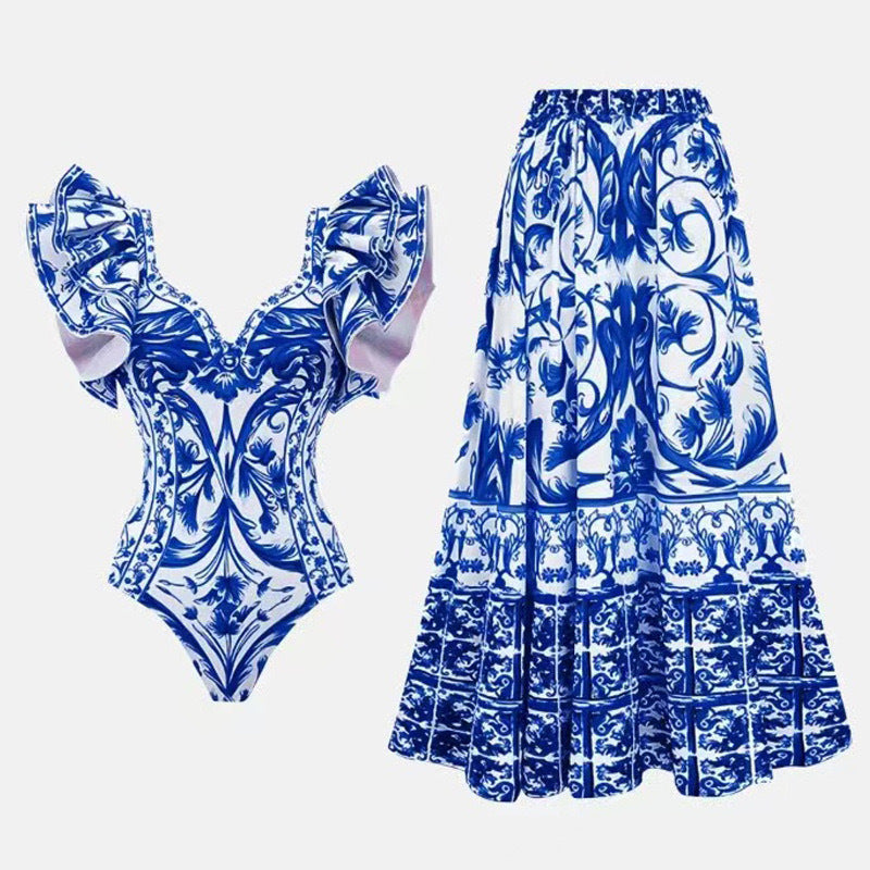 Damen Badeanzug mit Rüschendetails und floralem Überrock EB