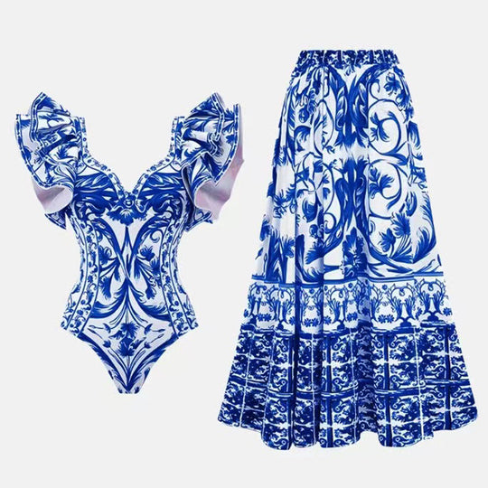 Damen Badeanzug mit Rüschendetails und floralem Überrock EB