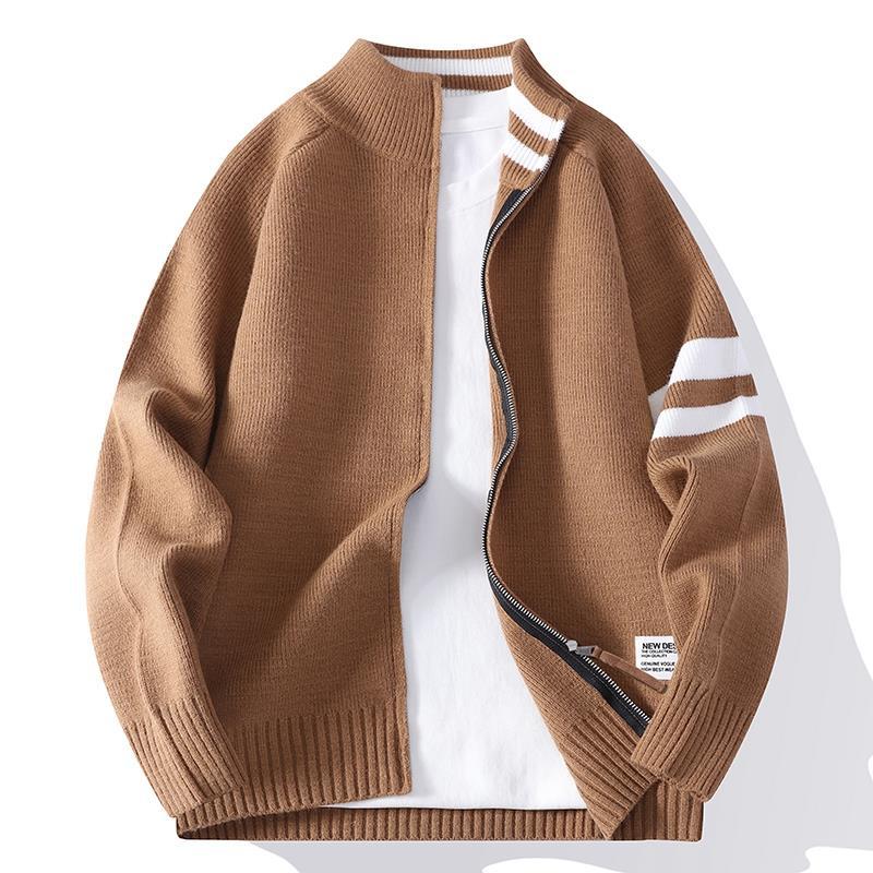 Herren nan gestrickte Zip-Cardigan im College-Stil mit gestreiftem Ärmelband und geripptem Stehkragen EB