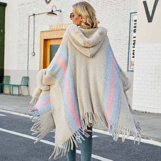 Damen modischer Poncho mit luxuriösem Kunstfellkragen und Fransen EB