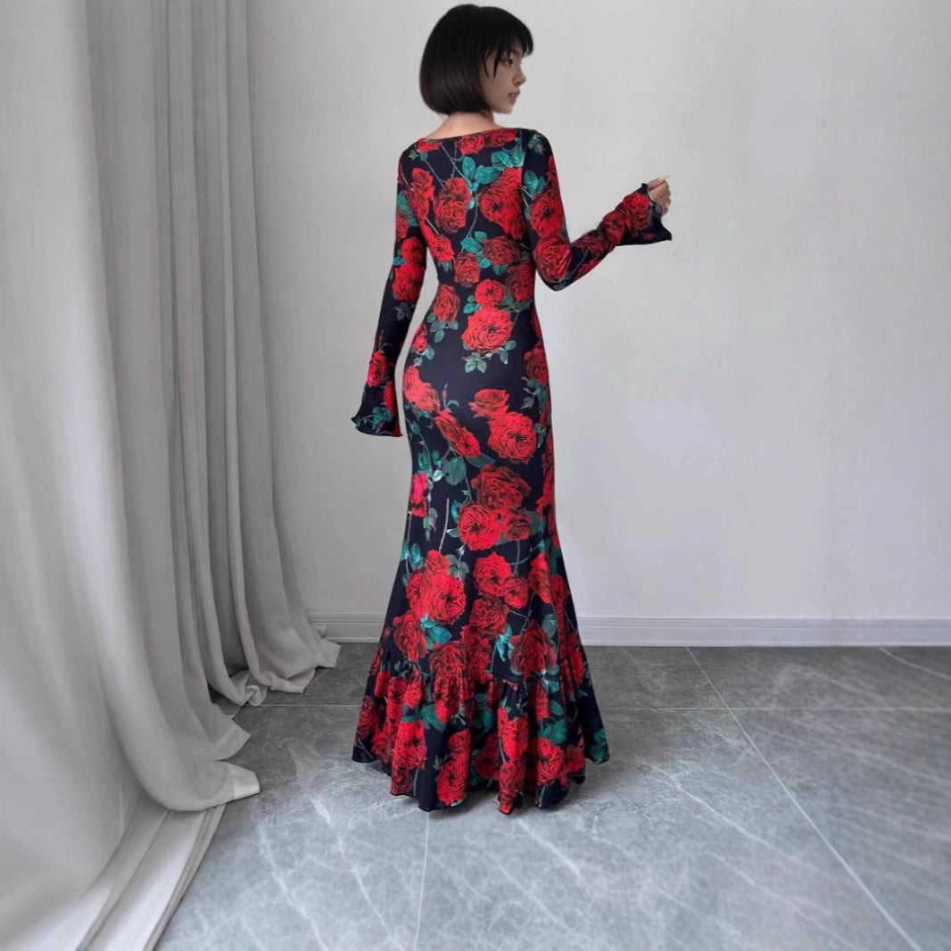 Damen nan eng anliegendes Maxikleid mit Meerjungfrauen-Schnitt, langen Glockenärmeln und Rüschensaum EB