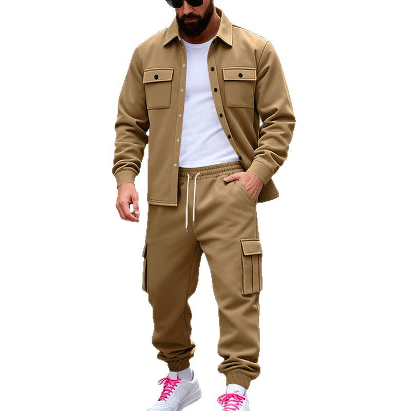 Herren nan lässiges Baumwoll-Misch Overshirt und Cargo-Jogger Set mit Kordelzug, Pattentaschen und elastischen Bündchen EB