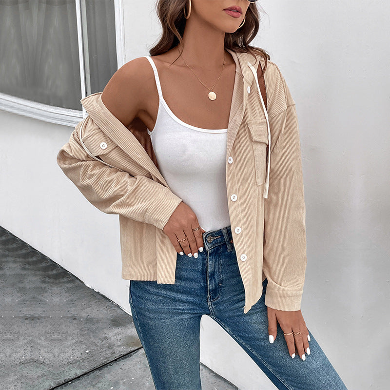 Damen Cordjacke mit Kapuze und Knopfverschluss EB