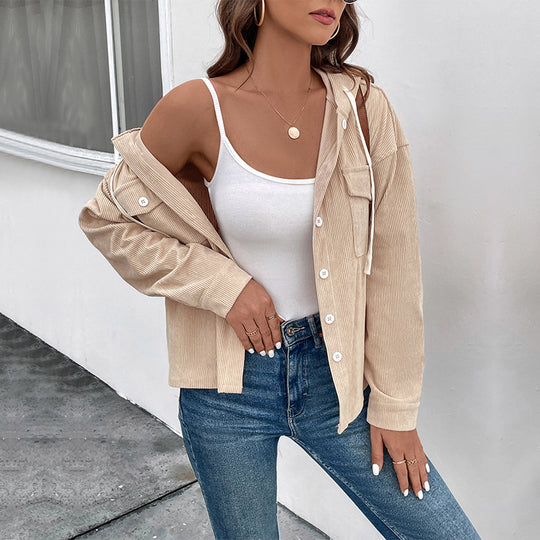 Damen Cordjacke mit Kapuze und Knopfverschluss EB