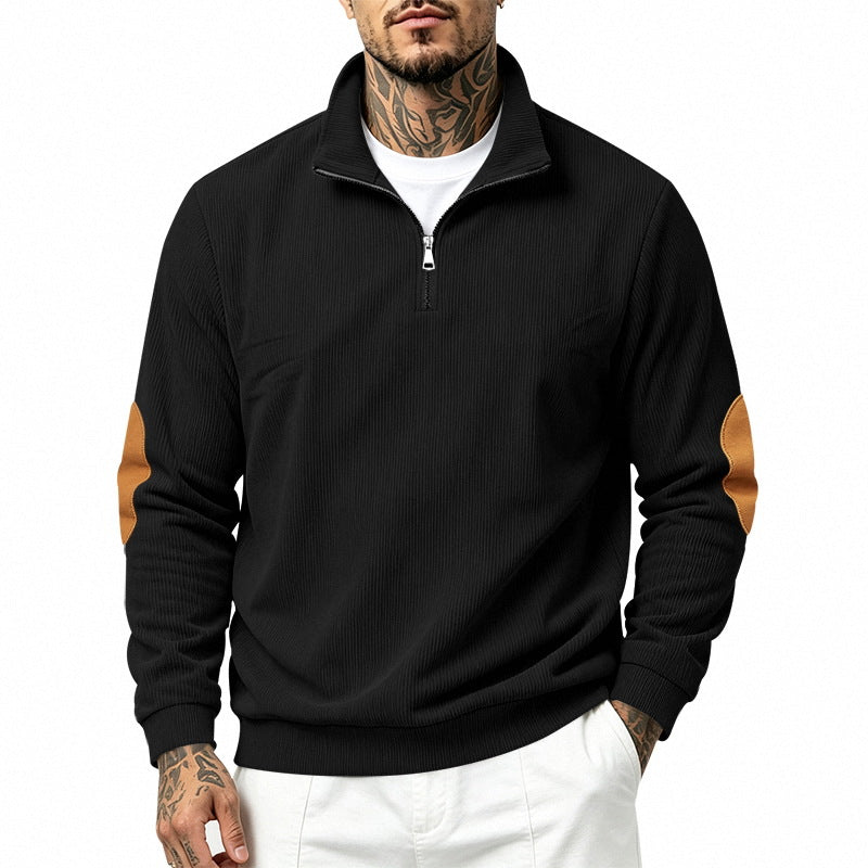 Herren nan Halbzip-Sweatshirt mit Stehkragen, feiner Waffelstruktur und Lederoptik-Ellenbogenpatchs EB