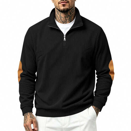 Herren nan Halbzip-Sweatshirt mit Stehkragen, feiner Waffelstruktur und Lederoptik-Ellenbogenpatchs EB