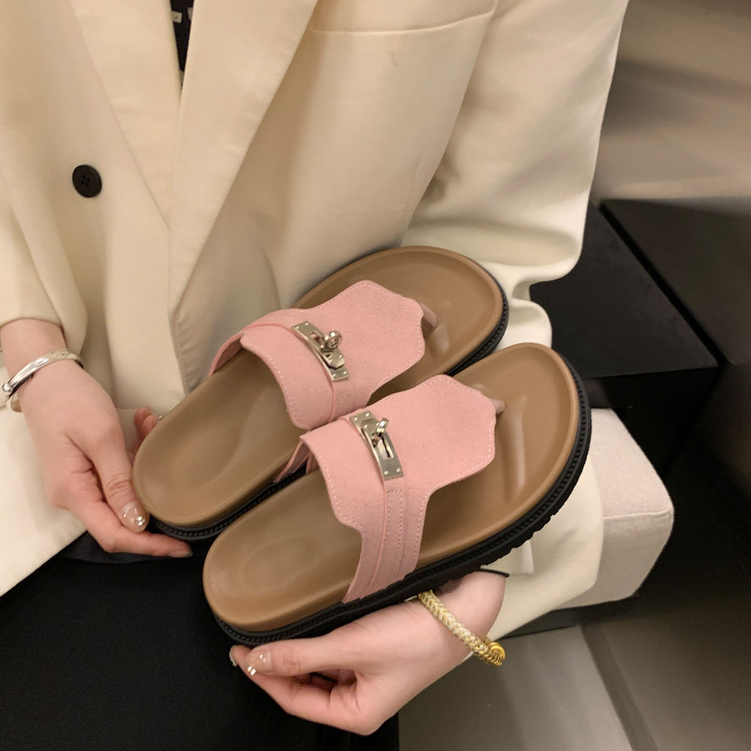 Damen Komfortable Zehentrenner-Sandalen mit ergonomischem Fußbett und dekorativer Schnalle EB