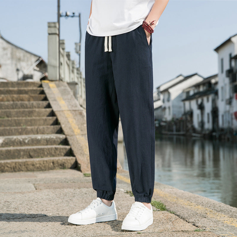 Herren nan tapered Leinen-Baumwoll-Jogger mit Kordelzug, elastischem Knöchelbündchen und schlanker Silhouette EB