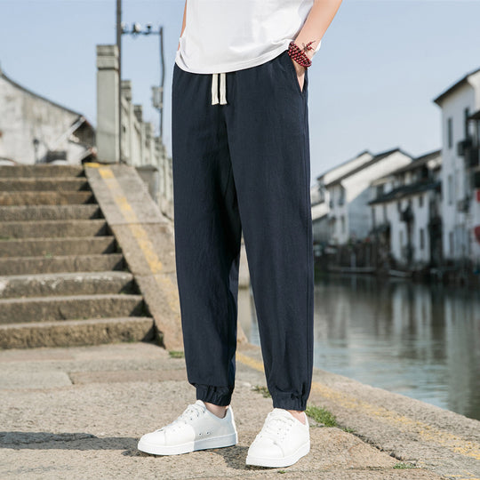 Herren nan tapered Leinen-Baumwoll-Jogger mit Kordelzug, elastischem Knöchelbündchen und schlanker Silhouette EB