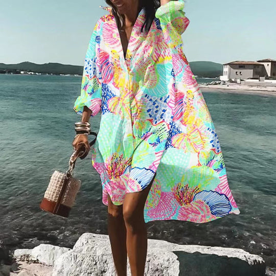 Damen nan luftiges Strandkleid Kaftan mit tropischem Blattprint und weitem Schnitt EB