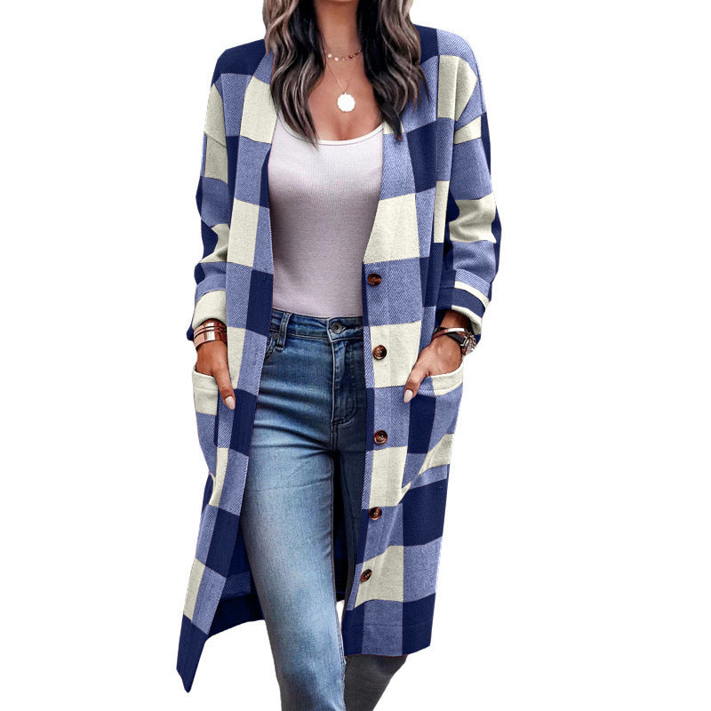 Damen Checkered Cardigan im lässigen Oversized-Stil mit praktischen Taschen EB