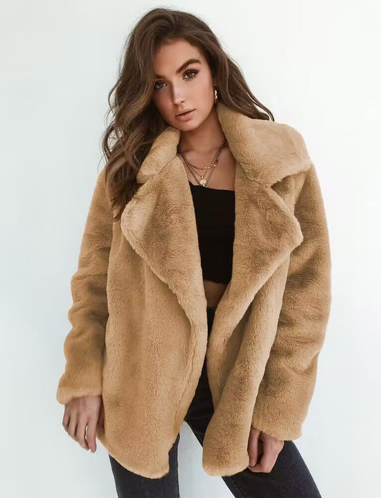 Damen Fleece-Mantel mit weitem Kragen und modischem Schnitt EB