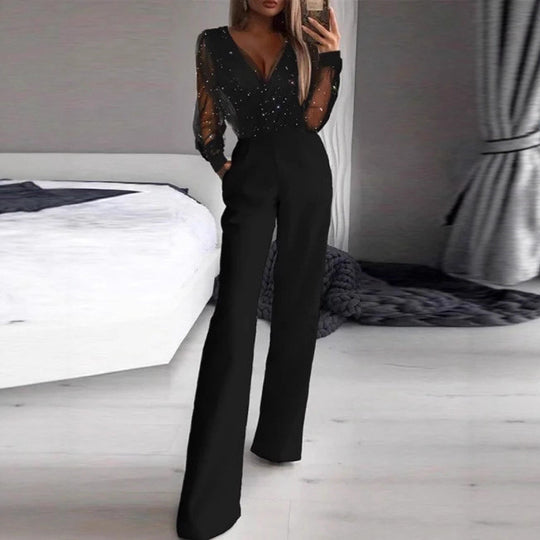 Damen Elegante Jumpsuit mit transparenter Bluse und schimmernden Akzenten EB