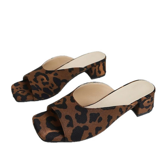 Damen Modische Mules mit Leopardenmuster und Blockabsatz EB
