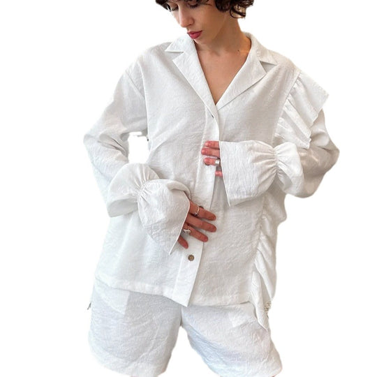 Damen Lässiges Kurzarm-Pyjama-Set mit Rüschendetails EB