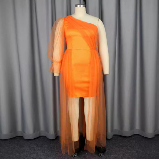 Damen elegantes One-Shoulder Kleid mit transparentem Tüllüberwurf EB