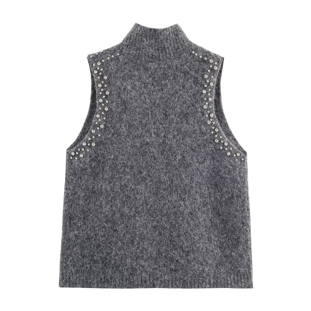 Damen ärmelloses Strickoberteil mit eleganten Perlenverzierungen EB