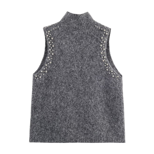 Damen ärmelloses Strickoberteil mit eleganten Perlenverzierungen EB
