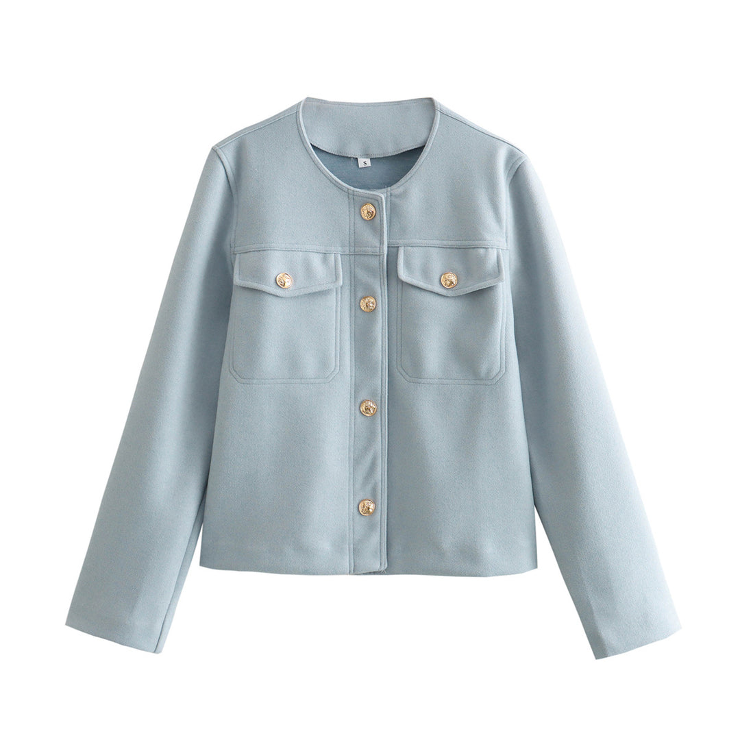 Damen elegante Modische Jacke mit zwei aufgesetzten Taschen und goldenen Knopfdetails EB