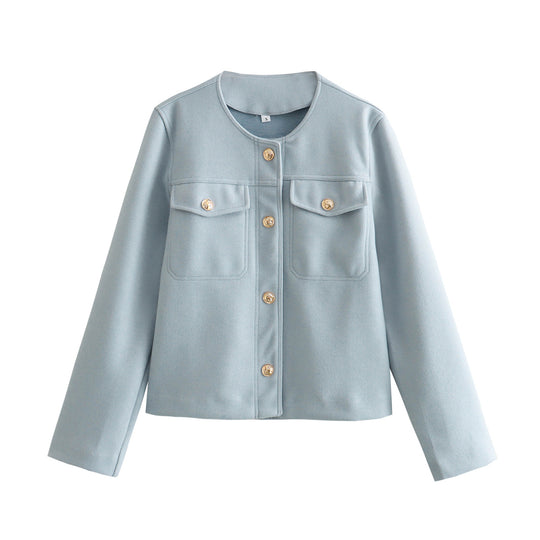 Damen elegante Modische Jacke mit zwei aufgesetzten Taschen und goldenen Knopfdetails EB