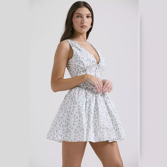 Damen Sommerliches Minikleid mit V-Ausschnitt und fließendem Rock EB