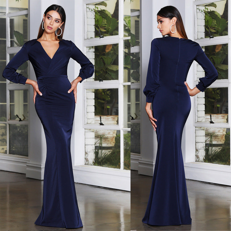 Damen Elegantes Wickelkleid mit Langarm und Raffungen EB