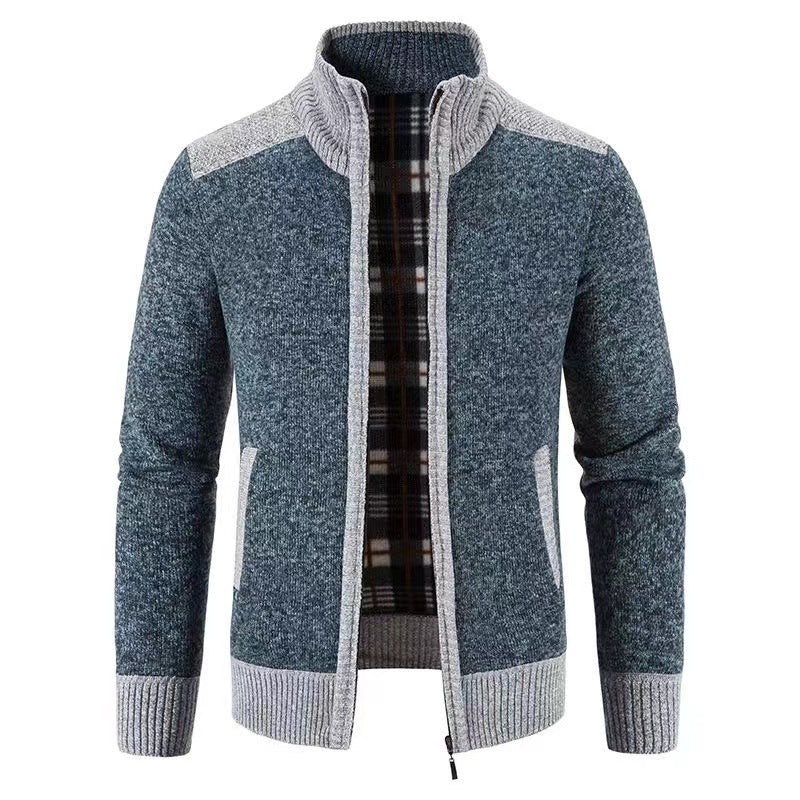 Herren nan gefütterte Reißverschluss-Strickjacke mit Stehkragen, wärmender Karofleece-Innenseite und gerippten Bündchen EB