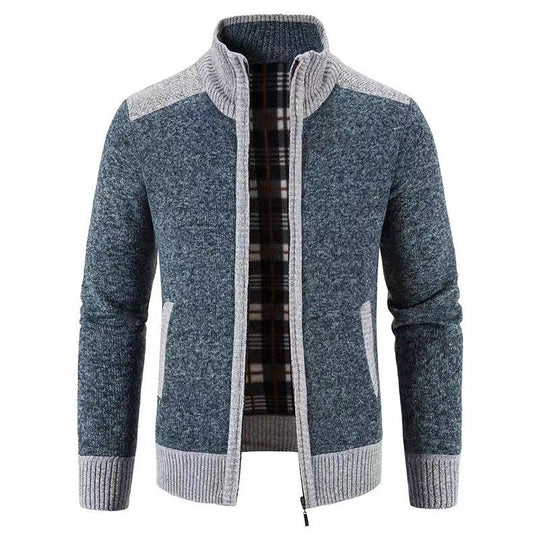 Herren nan gefütterte Reißverschluss-Strickjacke mit Stehkragen, wärmender Karofleece-Innenseite und gerippten Bündchen EB