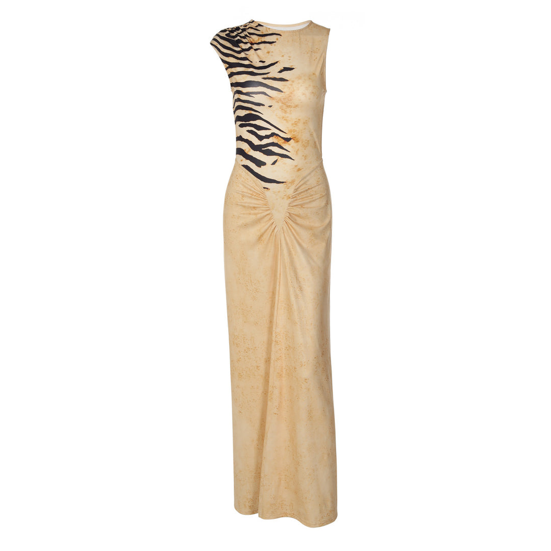 Damen Maxikleid mit raffinierter Drapierung und Animal-Print EB