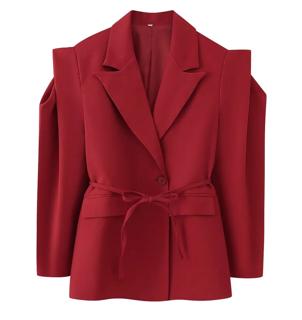 Damen nan taillierter Blazer mit Bindegürtel, Reverskragen und Schulterpolstern EB