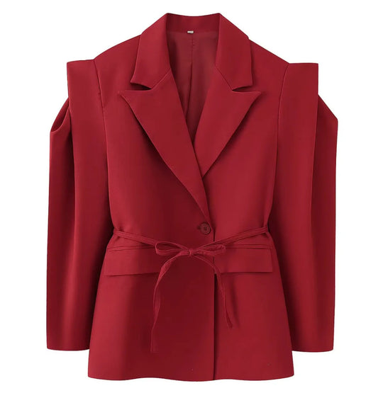 Damen nan taillierter Blazer mit Bindegürtel, Reverskragen und Schulterpolstern EB