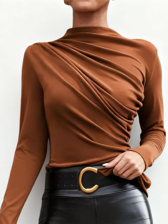 Damen elegantes Langarmshirt mit luxuriösem Drapierungsdesign und schickem Stehkragen EB