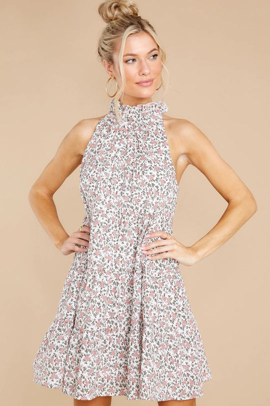 Damen Neckholder-Kleid mit verspielt-floralem Design und Rüschendetails EB