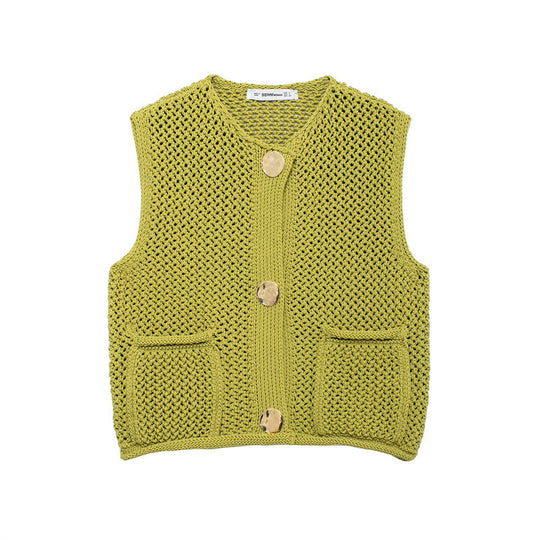 Damen gehäkelte Strickweste mit großen Zierknöpfen und Aufsatztaschen EB