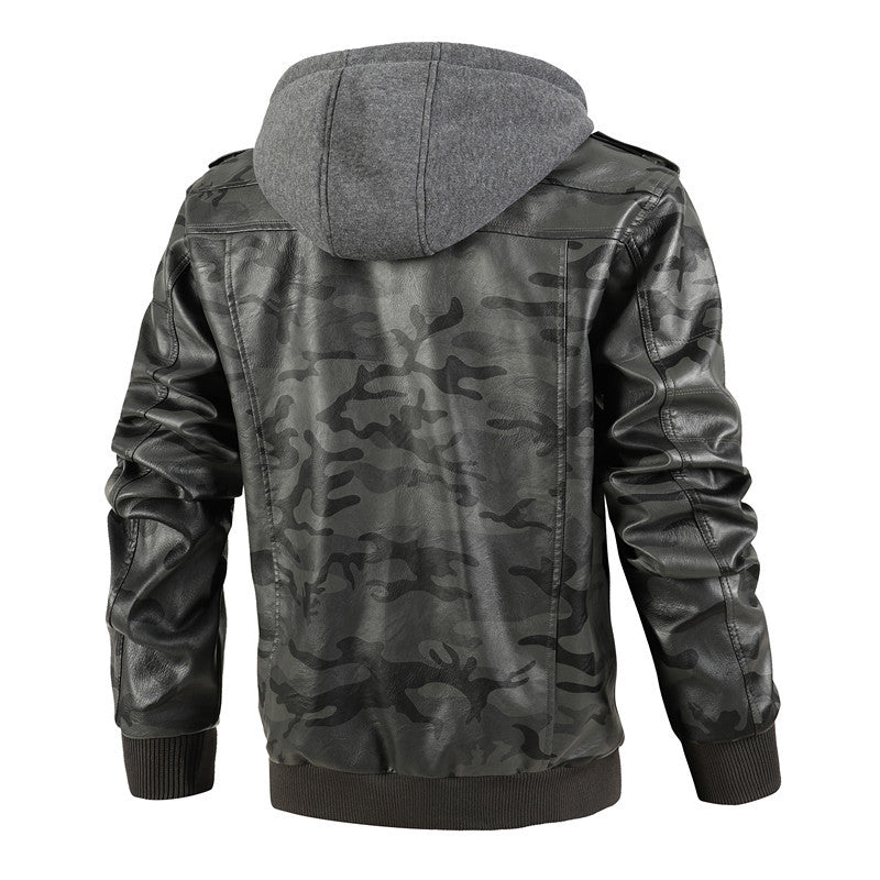 Herren Kunstlederjacke mit abnehmbarer Kapuze und multifunktionalen Taschen EB