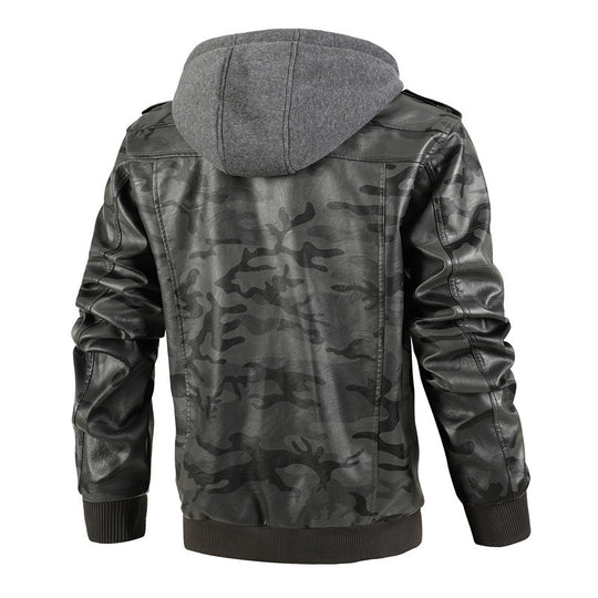Herren Kunstlederjacke mit abnehmbarer Kapuze und multifunktionalen Taschen EB